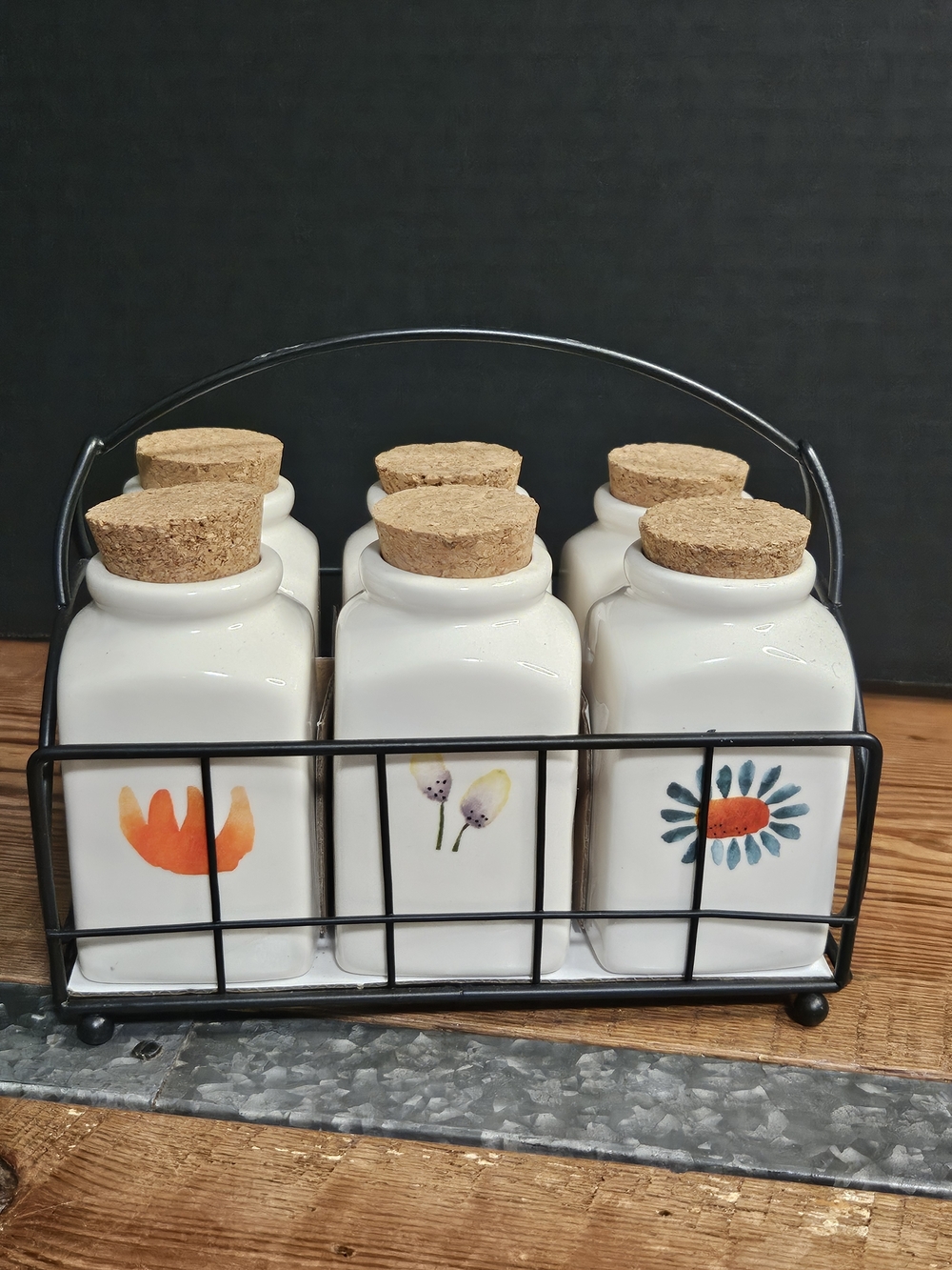 Rae Dunn Ceramic Spice Jars Set with Cork Lids - Floral Motif